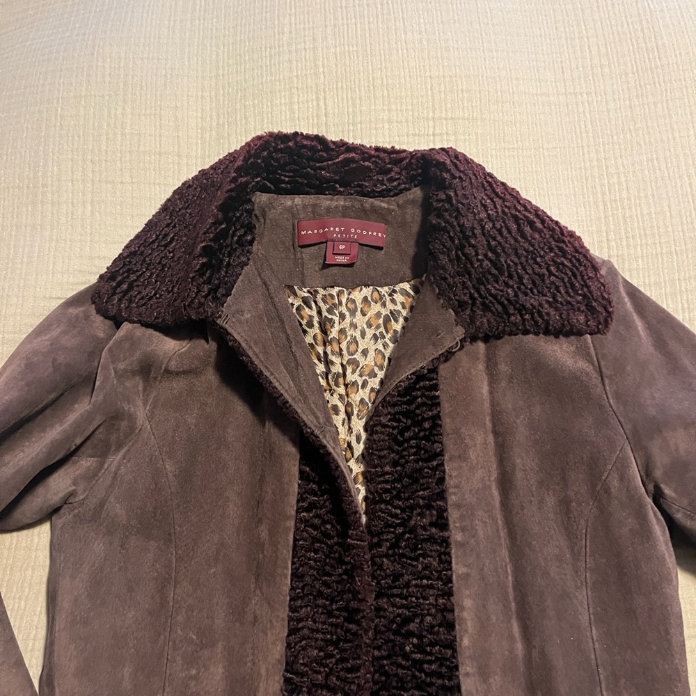 Margaret Godfrey Brown Suede Long Coat faux fur collar/trim gorgeous sz petite 6 - Picture 3 of 8